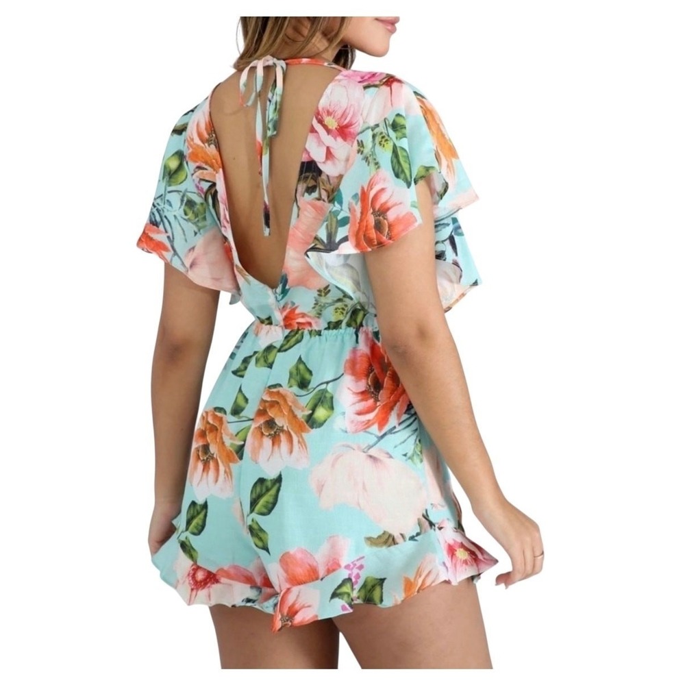 Womens Floral Flutter Sleeve Romper Medium Mint Green‎ Tropical Vacation Beach